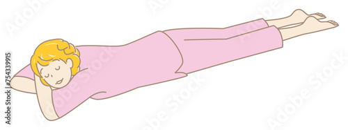 温泉施設の館内着を着てうつ伏せでリラックスして寝ている可愛い女性 シンプル イラスト ベクター
