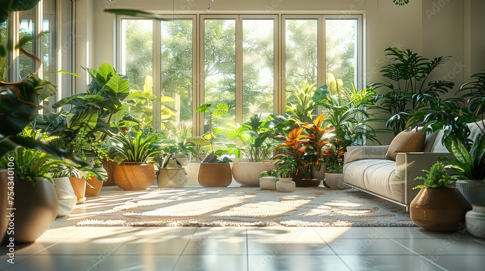 Interior design, an elegant and lush green living space filled with a variety of potted plants that enhance the air quality and add a natural touch to the modern home decor. Generative AI. Interior design, an elegant and lush green living space filled with a variety of potted plants that enhance the air quality and add a natural touch to the modern home decor. Generative AI.