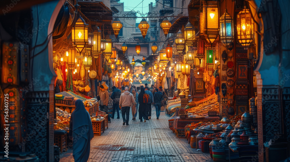 Vibrant Moroccan bazaar at dusk with illuminated stalls and busy shoppers