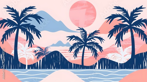 Stylish Summer Vacation Seamless pattern. Landscape  Modern Palm trees   Mountain beach and ocean vector hand drawn style  Design for fashion   fabric  textile  and all prints