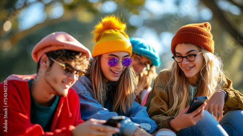 Group of trendy teenagers engaged with smartphones in sunny park setting