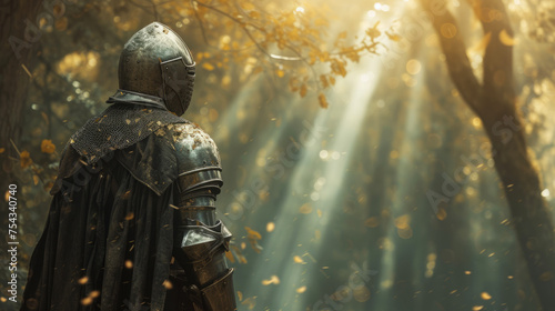Medieval knight standing in an enchanted forest with rays of sunlight