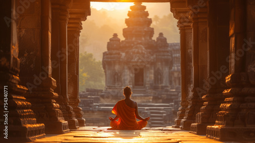 Yogi in meditation at serene ancient temple during sunrise photo
