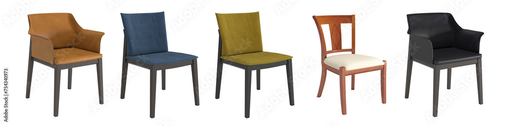 Five Armchair Set in Side view, interior furniture on white background, chair in Side positions, Set of five chairs in Side view angles, Side angle, chairs set in various points of view, 3D render Five Armchair Set in Side view, interior furniture on white background, chair in Side positions, Set of five chairs in Side view angles, Side angle, chairs set in various points of view, 3D render