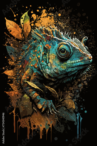 Chameleon Design In Color Splash Style. Wildlife Reptile Or Lizard In Nature.