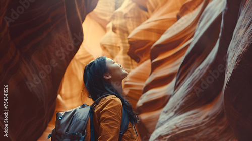 Image at Antelope Canyon, featuring a beautiful Asian female traveler with a backpack. Showcase her excitement and fascination with the canyon's wave-like rock formations.