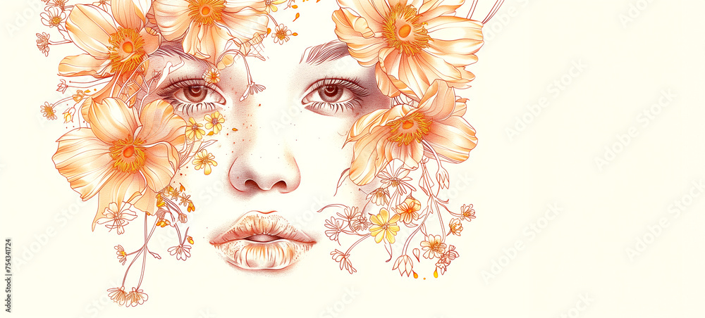 Beautiful sensual woman painting with flowers on white background. Beauty treatment banner ad, cosmetology concept