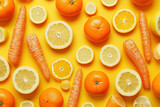 Assorted fruits and vegetables on yellow background including carrots, lemons and oranges