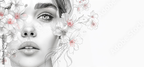 Beautiful woman painting with flowers on white background. Beauty treatment banner ad, cosmetology concept
