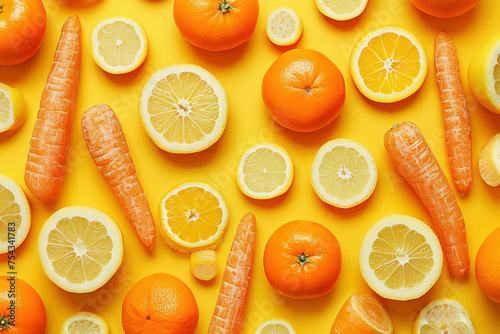Assorted fruits and vegetables on yellow background including carrots, lemons and oranges