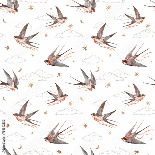 Beautiful seamless pattern with hand drawn watercolor swallows. Martin birds. Stock illustration.