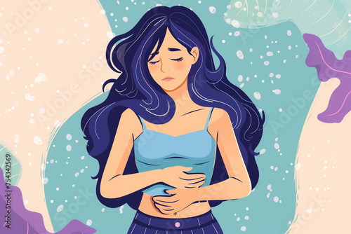 illustration of young woman clutching stomach in discomfort in front of blue background photo