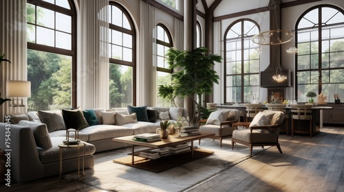 Living room with elegant furnishings and three sets of windows © rimsha