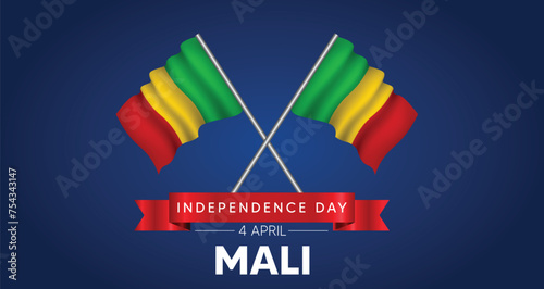 Mali Independence Day 4 April waving flag with red ribbon vector poster