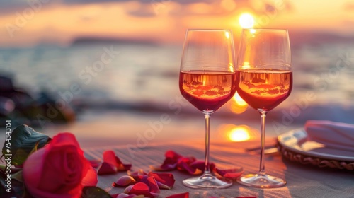 Romantic sunset dinner on the beach Honeymoon table set for two with luxurious dining Drink a glass of rose wine in a restaurant with a sea view. Happy Valentine's Day,