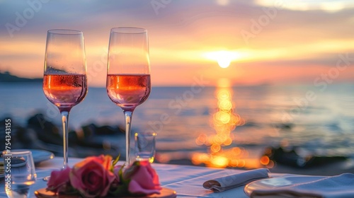 Romantic sunset dinner on the beach Honeymoon table set for two with luxurious dining Drink a glass of rose wine in a restaurant with a sea view. Happy Valentine's Day,