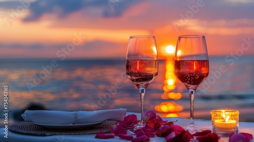 Romantic sunset dinner on the beach Honeymoon table set for two with luxurious dining Drink a glass of rose wine in a restaurant with a sea view. Happy Valentine's Day,