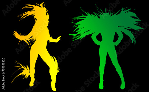 samba, baile, brasil, danza, carnaval, silueta, color, vector, pegatina, plumas, traje, ilustracion, angel, diablo	
