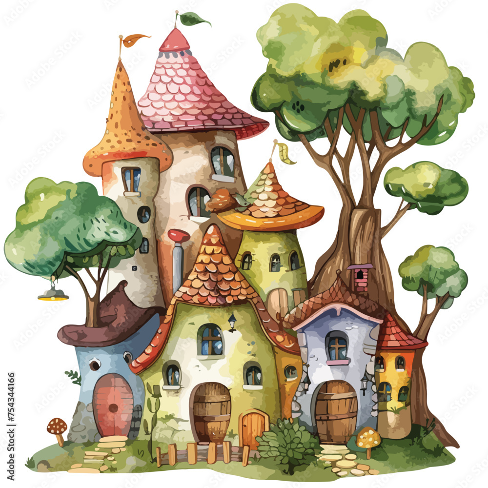 A whimsical elf village. watercolor clipart isolated