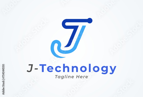Letter J Technology Logo. letter J with tech style logo design inspiration. Flat Vector Logo Design. vector illustration