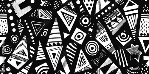 A blackandwhite geometric pattern featuring triangles and circles on a black background, creating symmetry and art with monochrome photography vibes photo