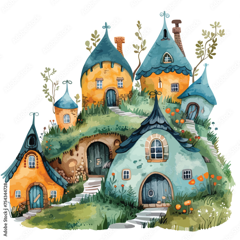 A whimsical hobbit village. watercolor clipart isolated