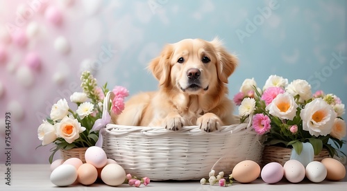 Golden Retriever puppy with flowers and Easter eggs copy space background