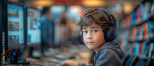 Boy with headphones gazes away while using a computer in a library.