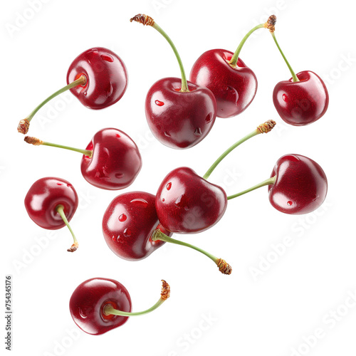 Cherries falling, Healthy organic berry natural ingredients concept, AI generated, PNG transparent