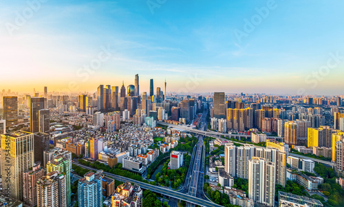 Panoramic view of commercial buildings skyline and highway in Guangzhou city center