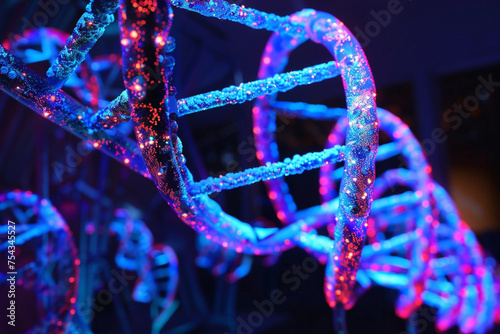 Constructing an artistic composition by arranging fluorescently labeled nucleotides in a visually striking pattern, resembling a luminescent representation of the DNA helix, photo