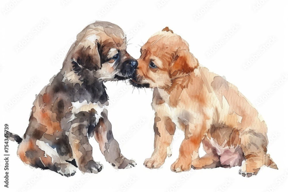 A couple of cute puppies holding hands and kissing, watercolor illustration. ai generated