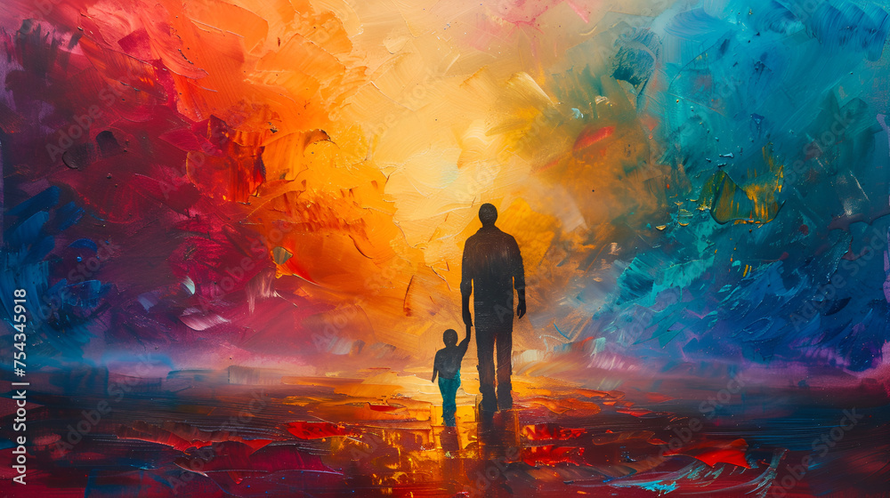 father and son on sunset beach, father and son walk in nature, father day, Generative AI