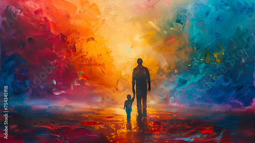 father and son on sunset beach  father and son walk in nature  father day  Generative AI