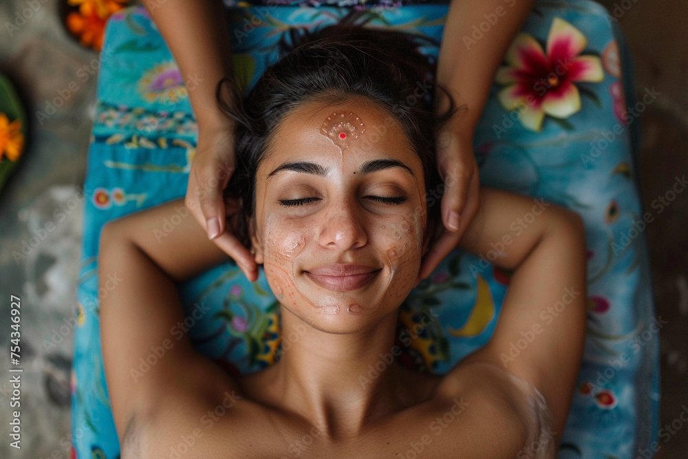 Capturing the serene smile of a content woman as she indulges in a soothing facial massage