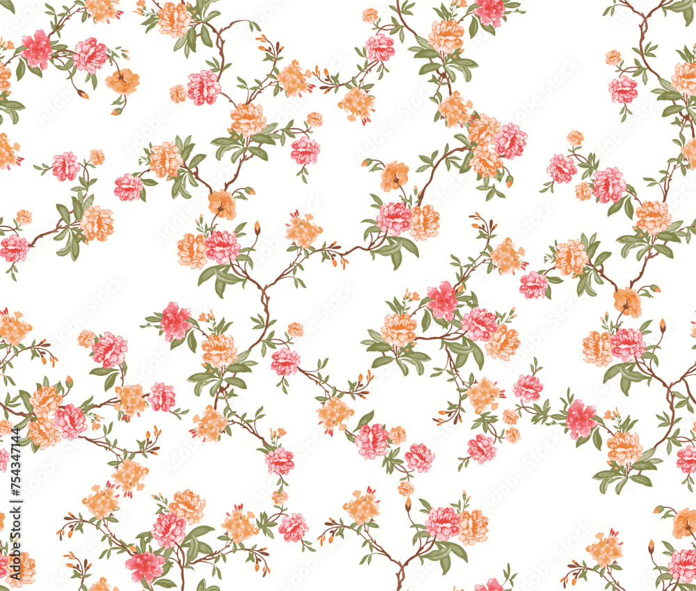 Beautiful Pink Flower vine Seamless Pattern On White Background For Textile Designs