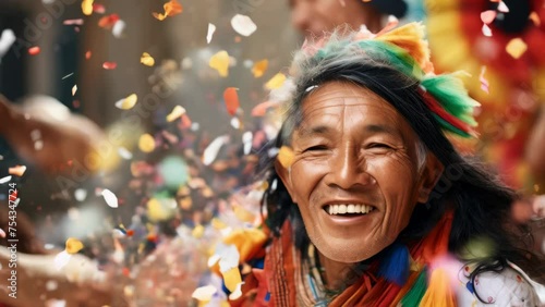 Man is smiling and wearing colorful outfit photo