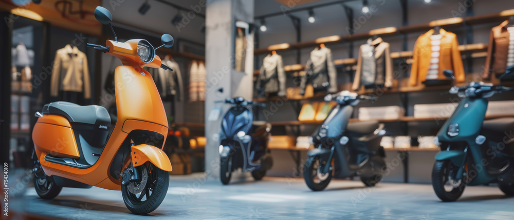 A sleek orange scooter stands out in the stylish showroom, ready for the city commute.