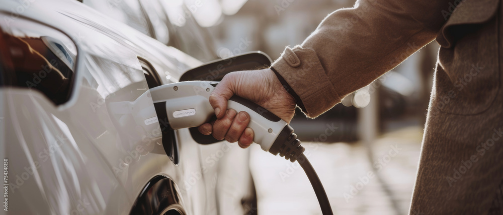 Obraz premium Hand connecting electric charger to car, symbolizing the shift toward sustainable driving.
