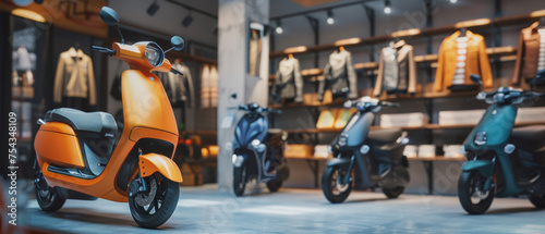 A sleek orange scooter stands out in the stylish showroom, ready for the city commute.