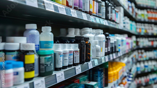 A pharmacy shelf with many bottles of medicine