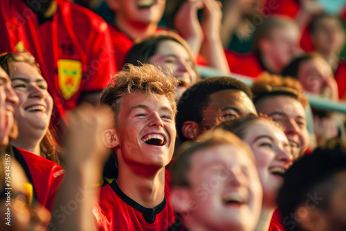 Belgian football soccer fans in a stadium supporting the national team, Rode Duivels, Diables Rouges
 photo