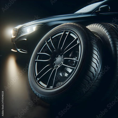 wheel of the car, wheel, tires, black, background, transport, illustration, Ai generated  © Fayyaz