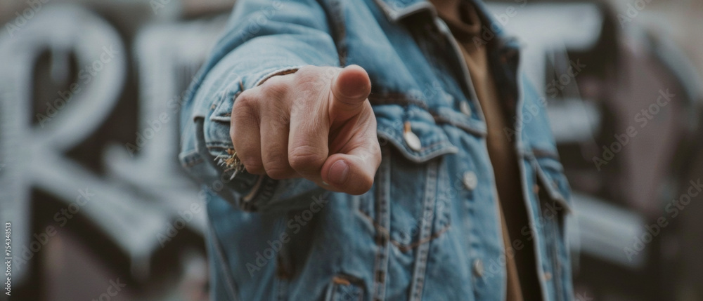 Person pointing with focus, blurred graffiti background implying urban creativity.