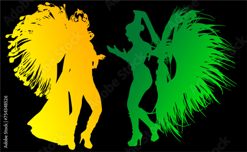 samba, baile, brasil, danza, carnaval, silueta, color, vector, pegatina, plumas, traje, ilustracion, angel, diablo	
