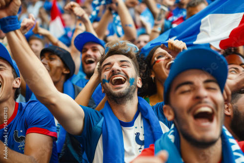 French football soccer fans in a stadium supporting the national team, Equipe tricolore 