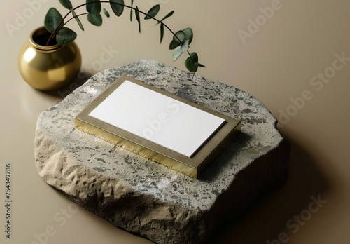 Business Card Mockup on Golden Block with Natural Elements photo