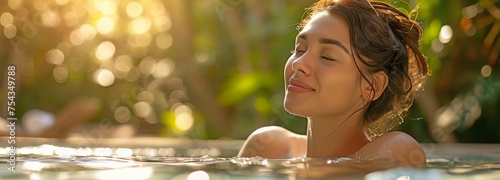 In a natural setting, a stunning young lady unwinds on a spa bed. in preparation for a massage