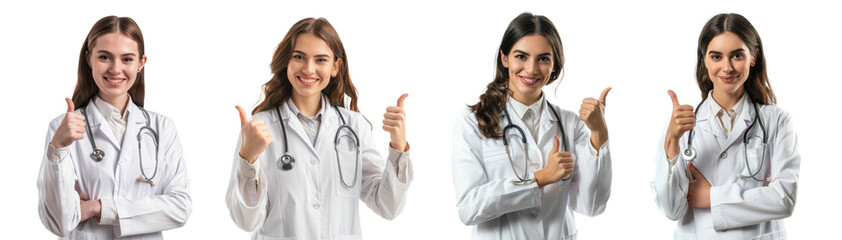 Healthcare professional female doctor with thumb up isolated on transparent background