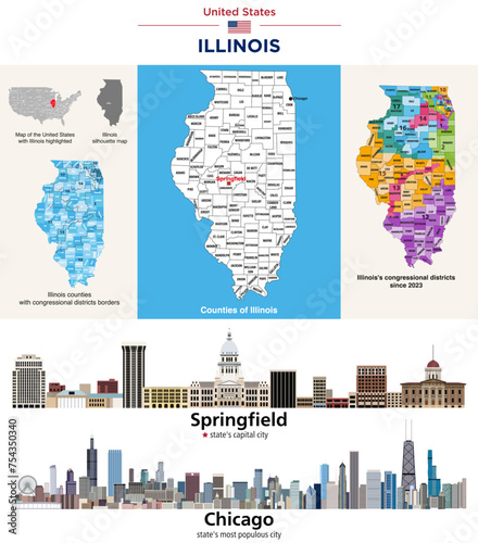 Illinois counties map and congressional districts since 2023 map. State's capital city (Springfield) and state's  largest city (Chicago) skylines. Vector set